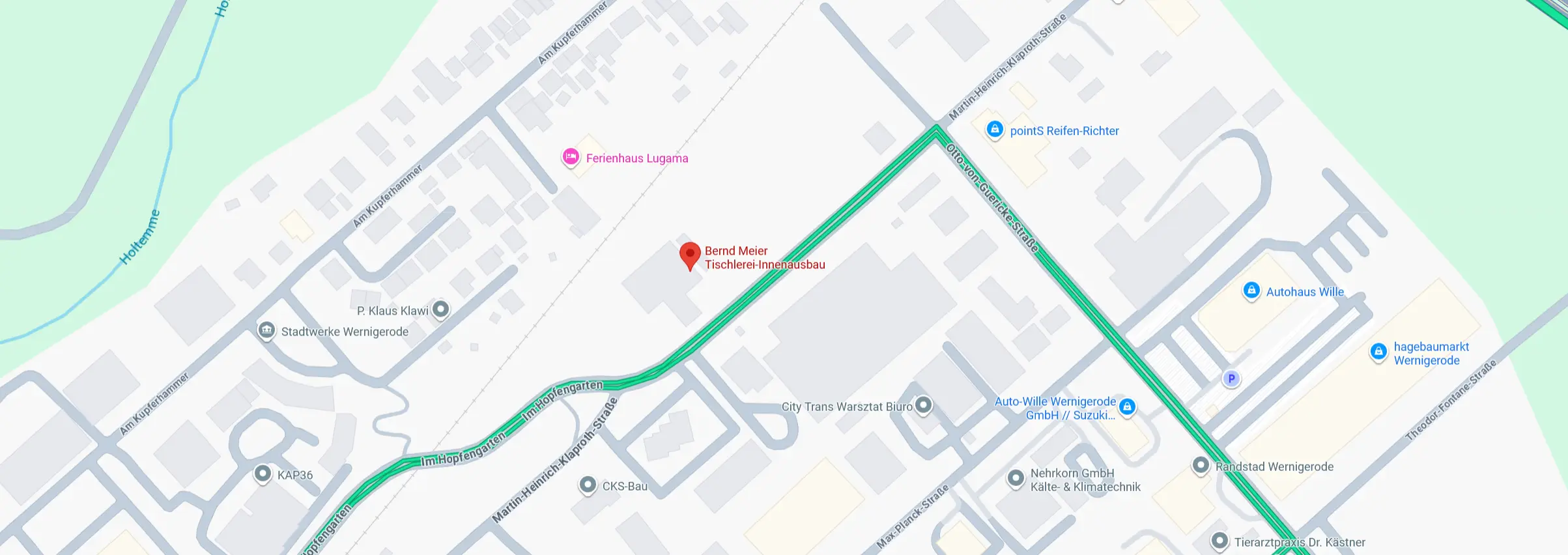 Das Bild einer Google Maps Karte mit dem Fokus auf die Adresse der Tischlerei Bernd Meier
